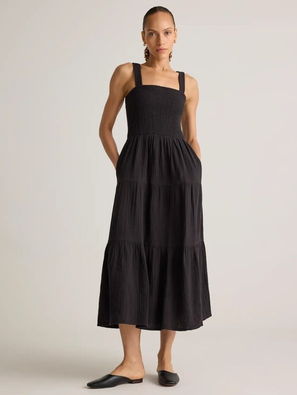Quince 100% Organic Cotton Gauze Smocked Sleeveless Maxi Dress, XS, Black